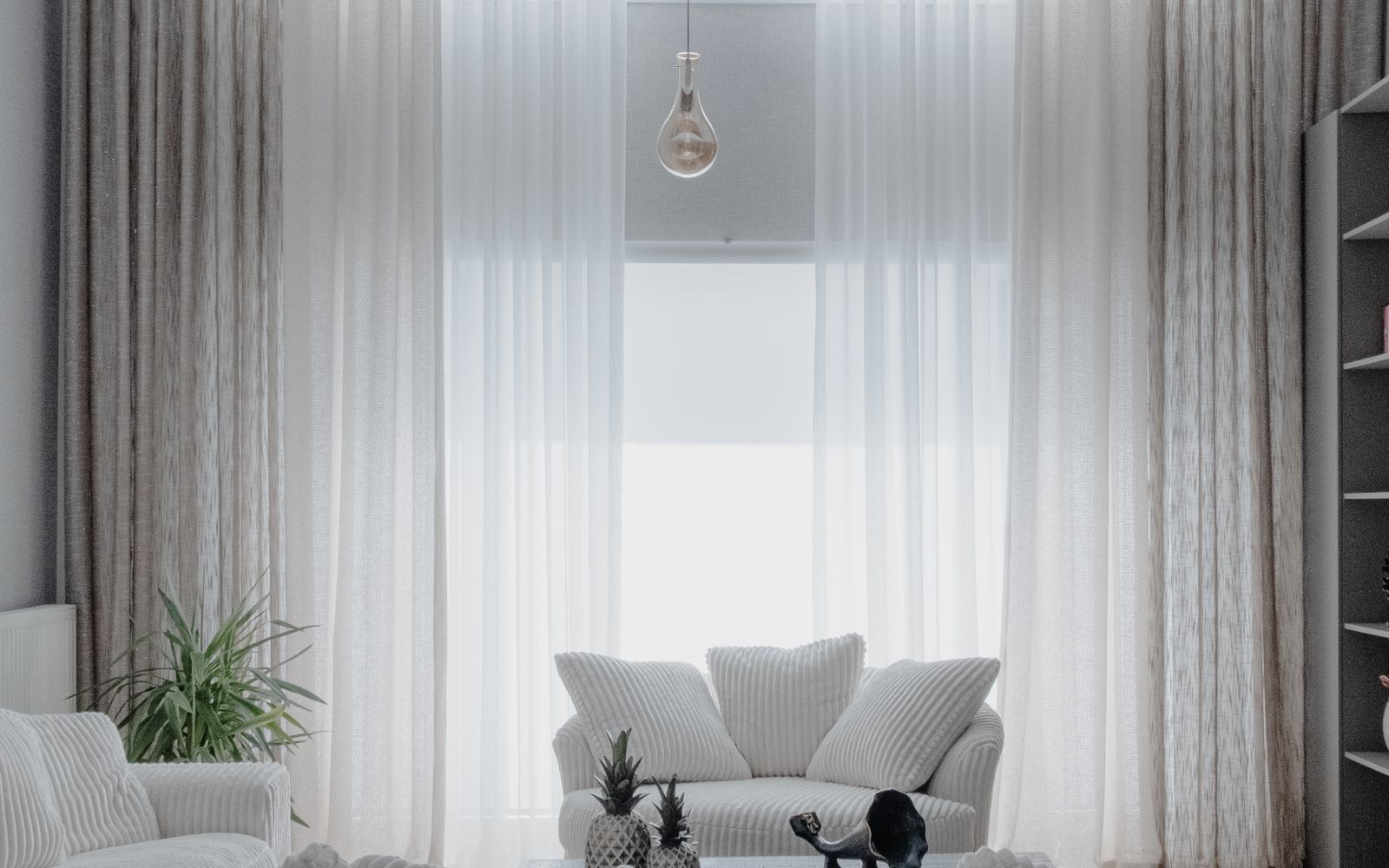 Interior residencial elegante com pé-direito alto, luz natural e mobiliário minimalista de madeira clara