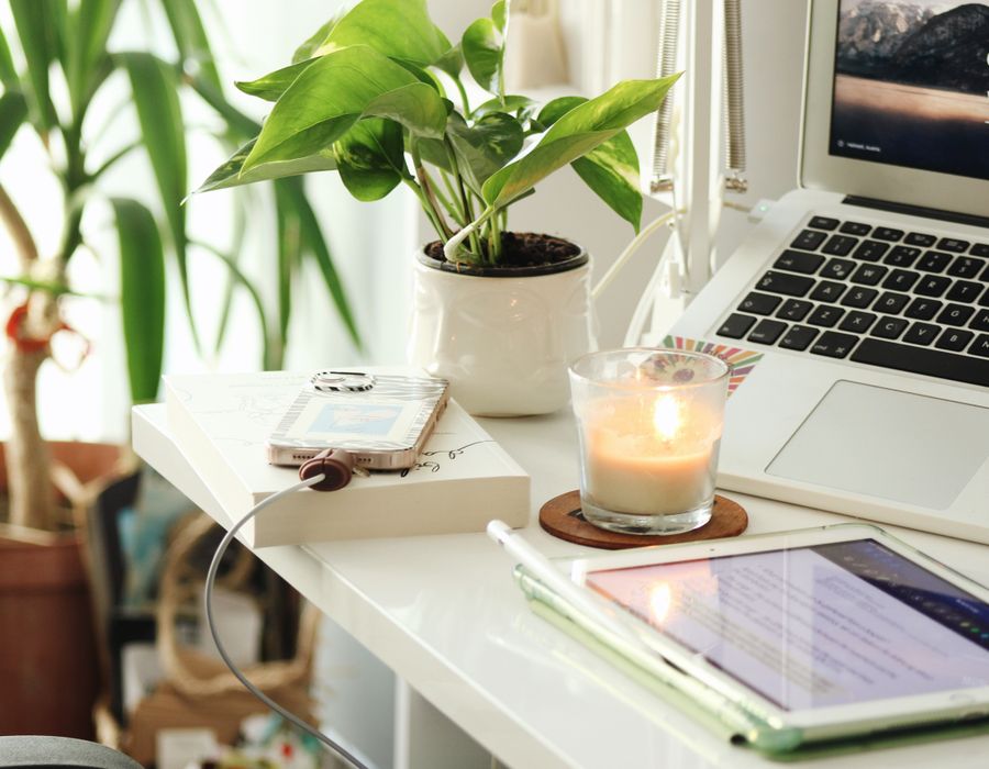 Recepção tranquila e minimalista com tons neutros e plantas